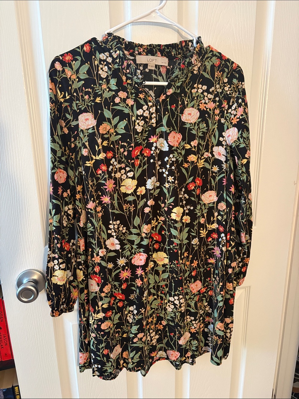 LOFT Black Floral Long Sleeve Dress with Multicolor Botanical Print